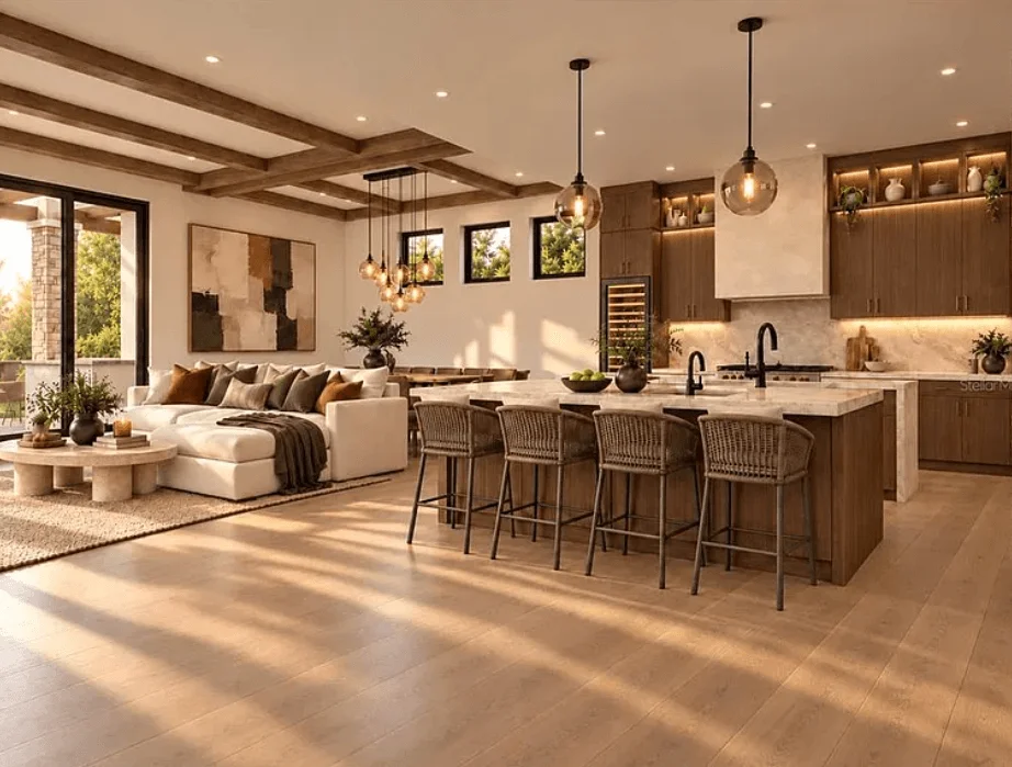 Wood flooring inspiration for an open kitchen and living area