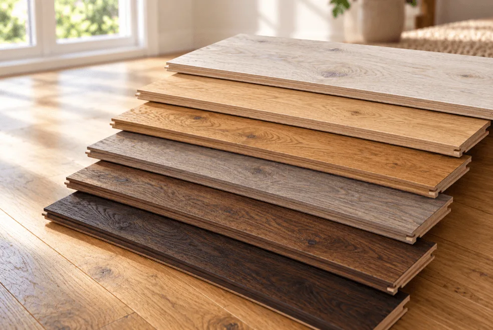 Wood flooring samples stacked in natural, golden and deep brown tones